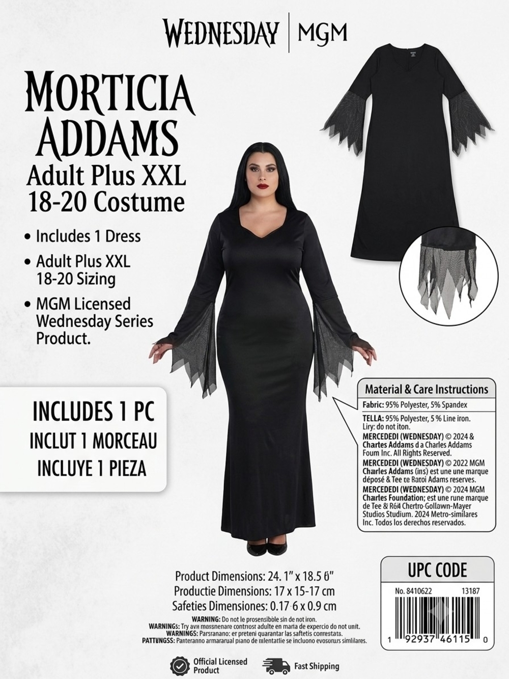 Morticia Addams Adult Plus XXL Costume - Black - MGM/Wednesday Licensed